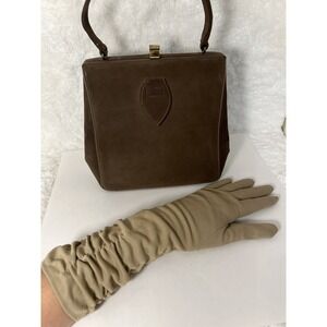 Vintage ParisStyle Brand Brown Box Purse Matching Gloves Mid Century Handbag Set